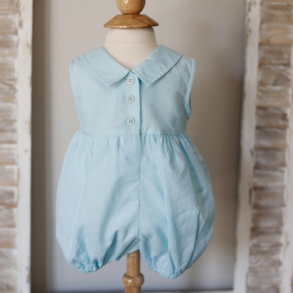 SALE- Infant Romper Bubble Aqua Blue Sleeveless Linen Spring Summer 3/6 Months - Picture 4 of 4
